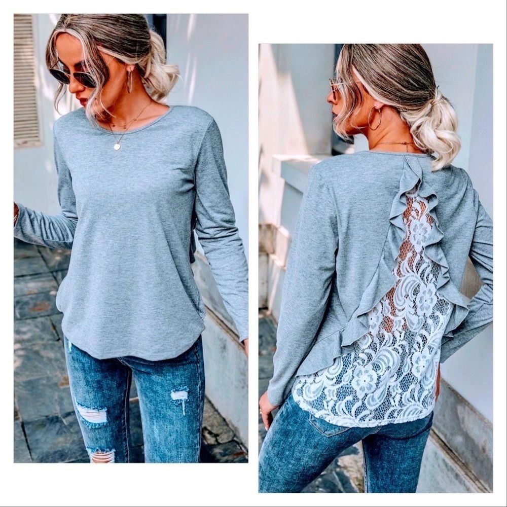 NWT! CONTRAST LACE INSERT RUFFLE TRIM TEE! - Picture 10 of 12